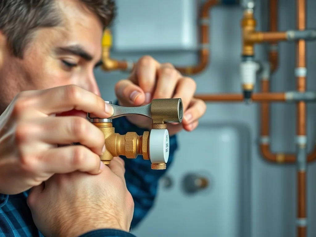 Hydraulik dokręca kluczem zawór termostatyczny przy grzejniku w nowoczesnej kotłowni.