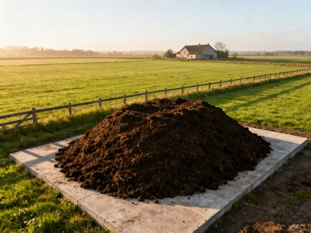 Składowany na betonowym podłożu obornik na skraju pola, oddzielony od zabudowań mieszkalnych szerokim pasem zieleni.