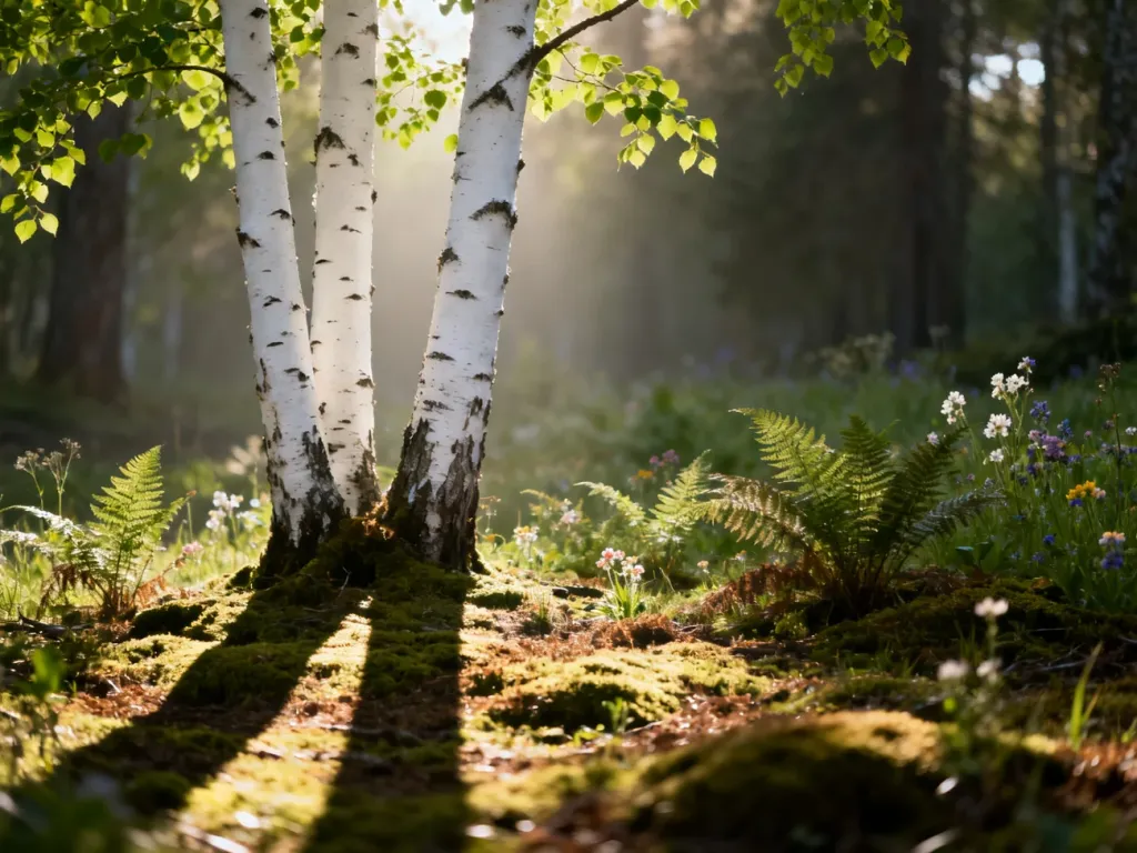 Spokojny ogród leśny z brzozami, mchem i paprociami w świetle poranka, ukazujący naturalny charakter leśnej aranżacji.