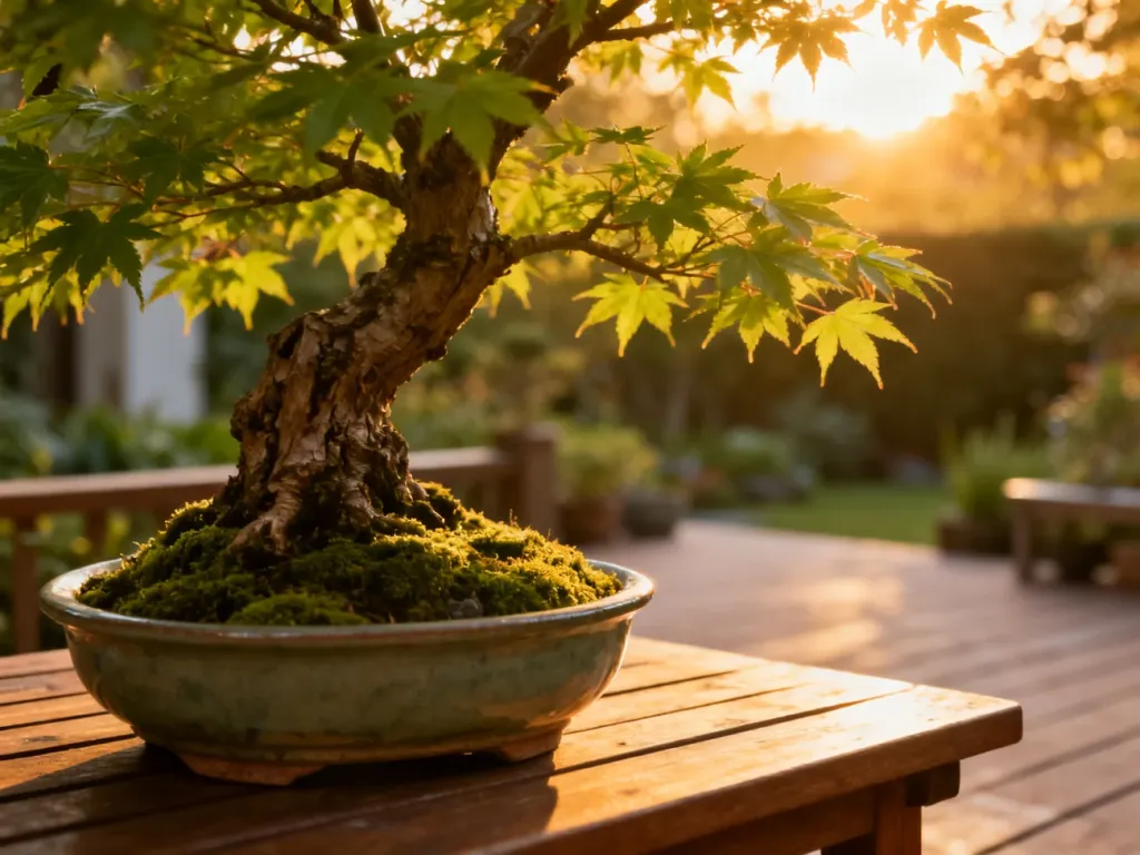 Miniaturowy klon japoński bonsai w ceramicznej doniczce na drewnianym stole, oświetlony ciepłym światłem poranka.