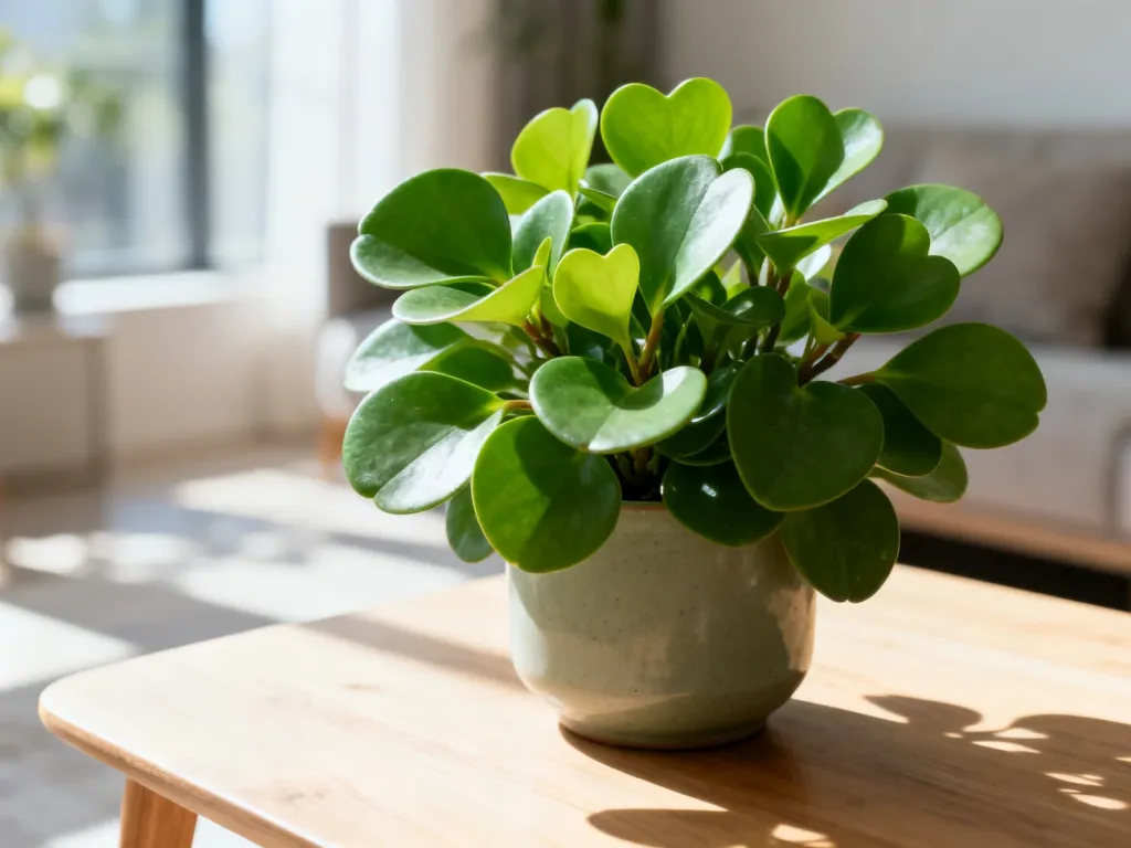 Peperomia obtusifolia o soczystych, zielonych liściach w minimalistycznej doniczce na drewnianym stole.
