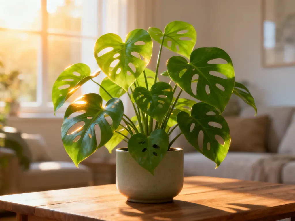 Monstera adansonii z charakterystycznymi dziurawymi liśćmi w minimalistycznej doniczce na drewnianym stole.